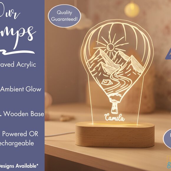 Mountain Hot Air Balloon Name Light • Personalized LED Cloud Decor • Baby Gift - Picture 3 of 8
